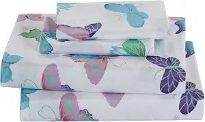 Mk Collection Sheet Set Butterfly Purple Pink Turquoise Green Flowers New (Full)
