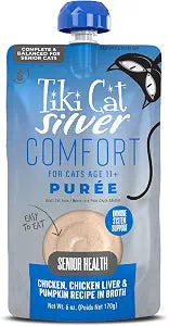 Tiki Cat Silver Comfort Puree, Chicken & Chicken Liver, Soft & Easy to Eat, Wet Cat Food for Senior Cats, 6 oz. Spout Pouch (6 Count)