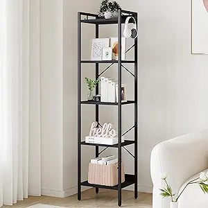 Hzuaneri Bookshelf, Book Shelf, Industrial Bookcase with 2 Hooks, Coner Shelf Storage Organizer for Home Office, Living Room, Bedroom, Kitchen, 5-Tier Black BC10504B