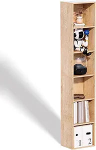Narrow Cube Bookshelf, 6-Tier Tall Skinny Bookshelf, Open Cube Shelf with Anti-Tipping Device, 62.4 x 11.8 x 9.3 Solid Wood Bookcase for Living Room, Bedroom, Home Office, Oak