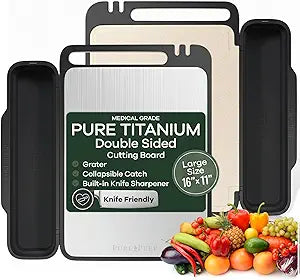 PURE-PREP Titanium Cutting Board - Double-Sided Design with Titanium Cutting Board and Wheat Straw PP for Kitchen Use - Chopping Board with Collapsible Catch, Grater, Knife Sharpener - Large 16x11