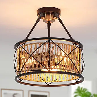 3-Light Hand Woven Boho Ceiling Light, Farmhouse Industrial Dual Round Semi Flush Mount Chandelier, Black Gold Rattan Pendant Light for Dining Room Kitchen Bedroom Living Room Foyer Coastal