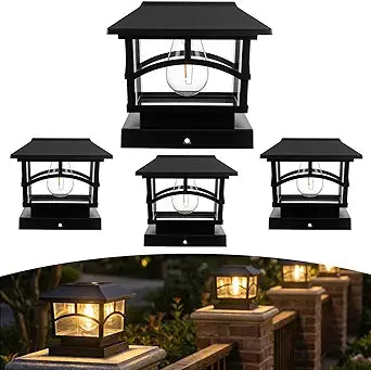 Lewtemi 4 Pack Solar Post Cap Lights Outdoor Waterproof, Fit 4x4 5x5 6x6 Wooden & Vinyl Fence Post, Black Deck Cap Light Solar Powered with Bright LED Light for Mailbox Patio Garden Porch