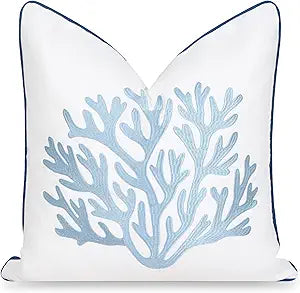 Hofdeco Premium Coastal Patio Indoor Outdoor Throw Pillow Cover Only, 20"x20" Water Repellent for Backyard, Couch, Navy Baby Blue Embroidered Sea Life Coral with Piping
