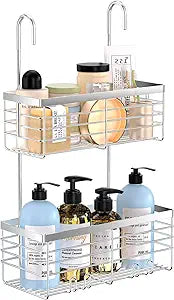 YUOROS Shower Caddy Hanging, 2 Tier Over the Door Shower Organizer Rack 304 Stainless Steel Rustproof Bathroom Storage Shampoo Holder Basket (Silver)