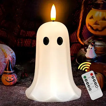 Halloween Ghost Flameless Candle with Timer LED Candle with Flickering Flame, Real Wax, Remote Control, Spooky Halloween Decorations Indoors, Cute Tabletop Decor for Mantel Home, Battery Operated