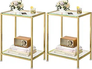 DAOUTIME Side Tables Set of 2, End Tables with Tempered Glass & Metal Frame, Small Nightstands with Storage Shelves, 2-Tier Gold Coffee Table with Modern Style, Slim Sofa Table for Living Room,Bedroom