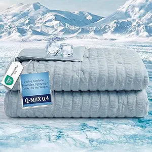 Cooling Comforter Queen Size Q-Max 0.4 Seersucker Reversible Cooling Blanket, Lightweight Breathable Summer Quilt for Hot Sleepers & Night Sweats, Ice Blue