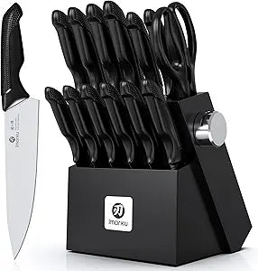 imarku 14-Piece Premium Knife Block Set, Black Kitchen Knife Set with Block and Build-in Sharpener, High-Carbon Stainless Steel Knives for Lasting Sharpness, Dishwasher Safe, Gift for Men