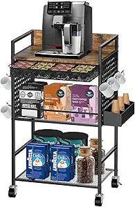 Compact Coffee Bar Cabinet with Power Outlet, Lockable Wheels, and Storage Drawer - Rustic Brown & Black for Office, Living Room, or Small Spaces