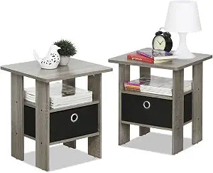 Furinno Andrey 3-Tier Square Side Table Set of 2, Grey Oak