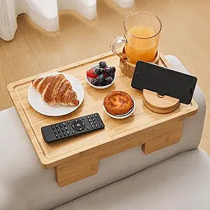 GEHE Real Bamboo Couch Armrest Table, 15.4"x9.8" Couch Arm Tray Table, 3 in 1 Removable Sofa Cup Holder wtih 360 Rotated Phone Holder, Clip on Armrest Tray for Drinks, Snacks, Phone, Control
