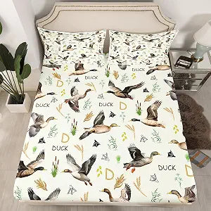 Feelyou Mallard Duck Fitted Sheet Full, Hunting and Fishing Bed Sheet Set Green Duck Bedding Set Wild Animal Bed Cover 3Pcs (No TOP Sheet)