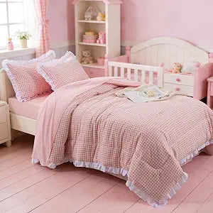 Meeting Story Pink Farmhouse Gingham Ruffle Comforter Set, Twin Washable Girls Checked Plaid Bedding(Pink,Twin)