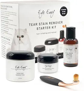 Eye Envy Cat Tear Stain Remover Starter Kit with ProPowder Brush. Stain Solution, Applicator Pads, Stain Powder, and Small Applicator Brush. Tear Stain Cleaning Kit. Lasts 30-45 Days. Made in USA.
