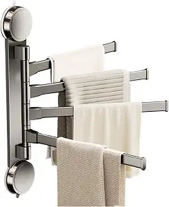 4 Arms Towel Rack with Suction Cup,No-Drill Easy Install Wall Mounted Bathroom Towel Rack,180 Rotation Space Saving Towel Bar for Bath Kitchen (Grey, 4 Pendulum Arms)