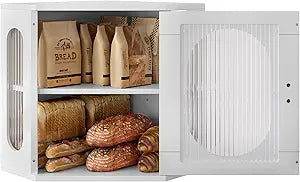 Alpeir Corner Bread Box for Kitchen Countertop, Thick Pine Wood Keep Freshness Longer, Adjustable Farmhouse Bread Storage Container with Window & Deli Papers for Homemade Bread, Baked, White