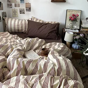Striped Duvet Cover Queen Size Reddish-Brown Striped Bedding Set
