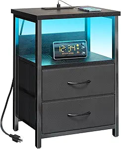 Fixwal Night Stand with Charging Station, LED Nightstand with U-S-B Ports and Outlets for Small Spaces, 2 Fabric Storage Drawers, Bedside Table End Tables Bedroom Decor, Modern Black