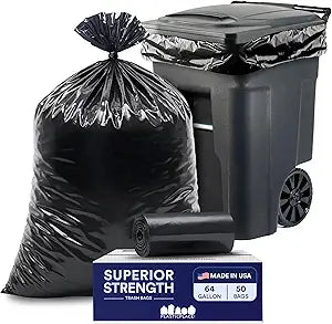Plasticplace Black Trash Bags (50 Count) Heavy Duty 64-65 Gallon Garbage Bags, Puncture Resistant, Large Trash Can Liners, Ideal for Toter Cans, Kitchen & Outdoor Use, 50" x 60" 1.5 Mil
