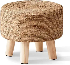 Cpintltr Foot Stool Natural Seagrass Hand Weave Poufs Round Ottoman for Couch Desk Soft Step Stool Padded Foot Rest with Non-Skid Pine Legs for Hallway Office Lounge Natural