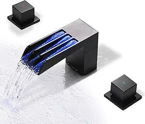SKOWLL Matte Black Triple Stream Waterfall Faucet 8 Inch 3 Hole, Wolverine Claws Design, 2 Handle Widespread LED Bathroom Sink Faucet