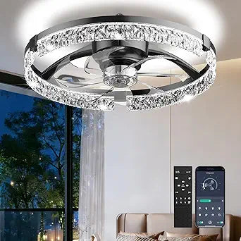 AIKVSXER 20" Low Profile Ceiling Fan with Light and Remote, Dimmable LED Flush Mount Ceiling Fan, 6 Speeds, White Modern Design for Bedroom/Living Room Black-Crystal