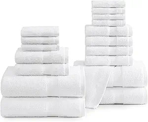 LANE LINEN Cotton Bath Towel Set 18 Piece - Super Soft, Absorbent & Quick Dry - 4 Bath, 8 Washcloths, 6 Hand Towels for Bathroom - Hotel Quality Turkish Towels, Ideal for Spa, Gym & Travel - White