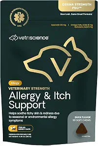 VETRISCIENCE Veterinary Strength Allergy & Itch Support Chews - Seasonal Allergy Support Supplement for Pets - Pet Skin Sensitivity Support - Cats & Dogs - Duck Flavor - 60 Chews