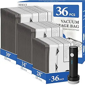 NESCCI Travel Vacuum Bags for Clothing with Rechargeable Wireless air Pump36 Pack Compression Packing Bags for Luggage Suitcase,Carry-on Size Space Saver vacuum storage bags