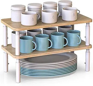 Cabinet Organizer Shelf, Spice Rack Set of 2 Kitchen Pantry Cupboard Shelves, Stackable, Height Adjustable, Natural Bamboo