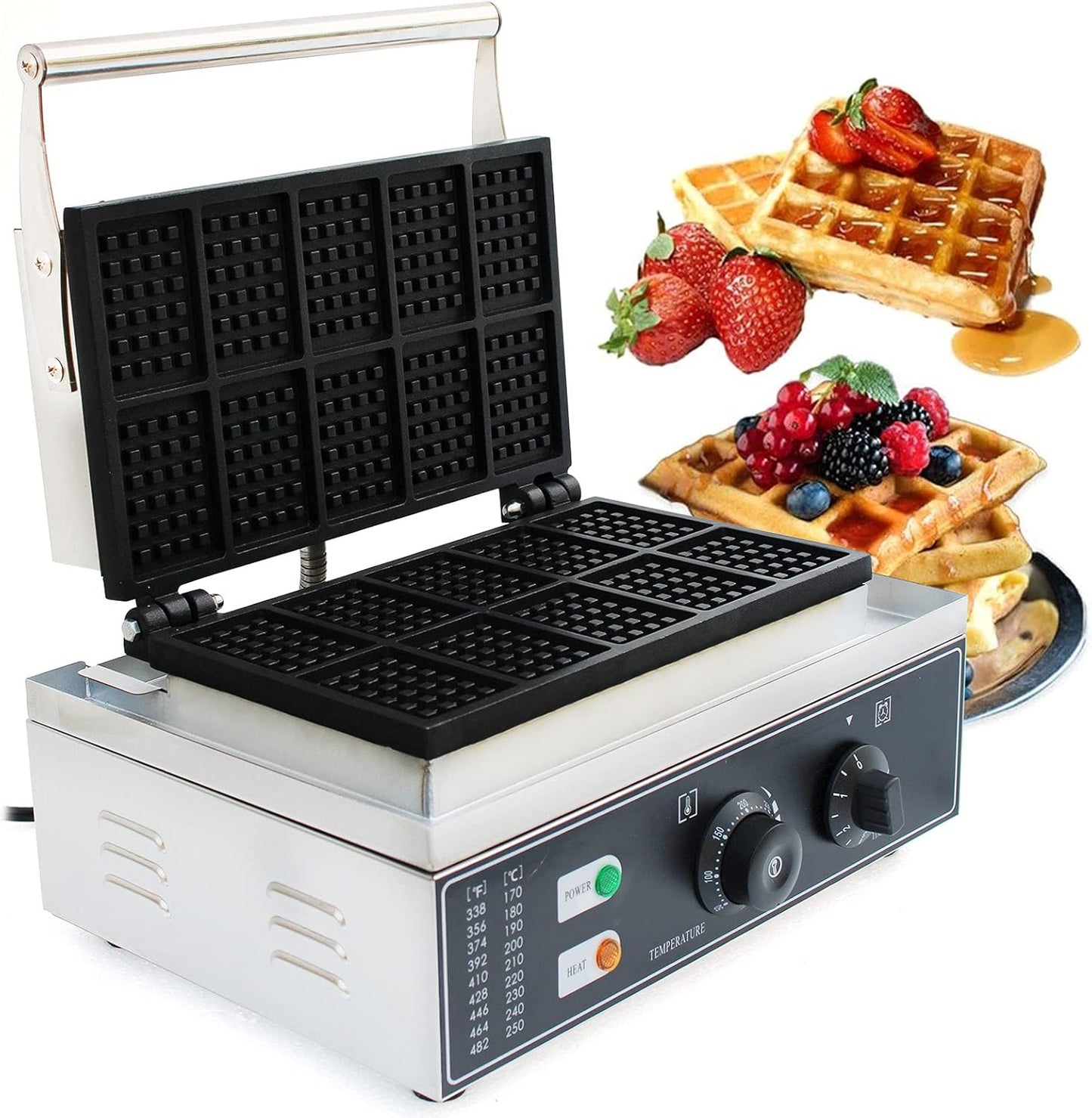 Waffle Maker, Commercial 10PCS Rectangle Maker Machine with Temp and Time Control, 1500W Electric Waffle Baker with Non-Stick Teflon CoatingStainless Steel Body for Restaurant, Bakery