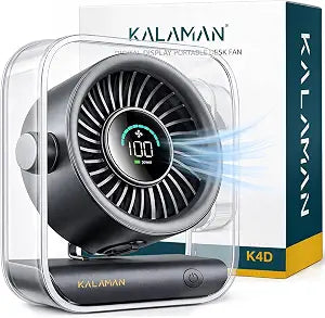 KALAMAN Desk Fan, 4000mAh Quiet Table Fan with Turbo Airflow, 6-Gear Speed Digital Display & 30 Adjustable Tilt, Rechargeable Battery Portable Fan for Home, Office, Travel (Black)