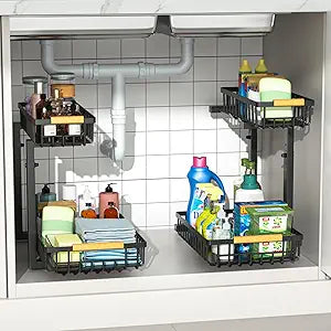 Merrylun Under Sink Organizers,5 Adjustable HeightMetal Pull Out Under Sink Organizers and Storage Shelves with Sliding Drawer, Black, 2 PackHight 13.6-16.9