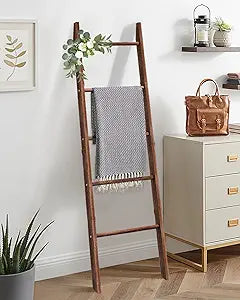 XLHOMO 5-Tier Wooden Blanket Ladder, 63" Rustic Leaning Blanket Rack for Living Room, Decorative Quilt and Towel Holder for Bedroom Bathroom Farmhouse Home Decor, Brown