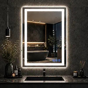 LED Bathroom Mirror with Lights 24"x32", Wall-Mounted Vanity Mirrors Front & Backlit Light Control Stepless Dimmable Anti-Fog Memory 3 Color Temperatures Shatter-Proof Tempered Glass
