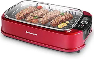 Smokeless Indoor Grill, Techwood 1500W Electric Grill Portable Korean Grill Non-Stick Grill Plates with Temperature Control, Removable Drip Tray, Tempered Glass Lid, Dishwasher-Safe