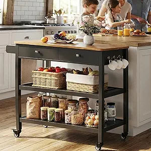 Gizoon Kitchen Island Cart with Storage, 40 Wooden Top, 2 Tiers Spacious Shelves and Towel Bar, 2 Drawer Mobile Trolley Cart On Metal Wheels with Hooks for Dining Room, Bar, Outdoor, Black