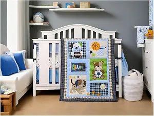 Baby 3 Pieces Crib Bedding Set, Sports Theme with Puppy Applique, Blue Patchwork Quilt for Nursery
