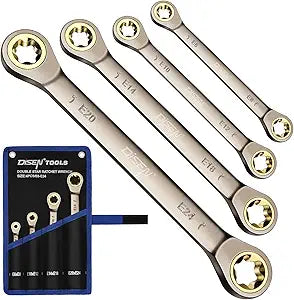 DISEN Upgraded 4-Piece E-Torx Double Box Ratcheting Wrench Set, 72-Tooth Black Nickel Plated, Dual Head E6E8/E10E12/E14E18/E20E24 with Storage Pouch