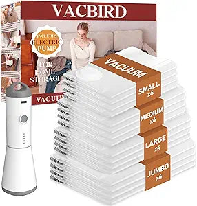Vacbird Vacuum Seal Bags for Clothing, 16 Pack Vacuum Storage Bags with Rechargeable Cordless Air Pump(4J+4L+4M+4S), Space Saver Bags for Clothes Blanket Duvets Pillows Comforters Travel