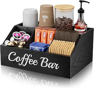 Coffee Station Organizer for Countertop Wooden Coffee Bar Organizer with Adjustable Dividers,Holds K Cup Pod & syrup bottles, for Kitchen, Office, or Bar and Tea Station, Black