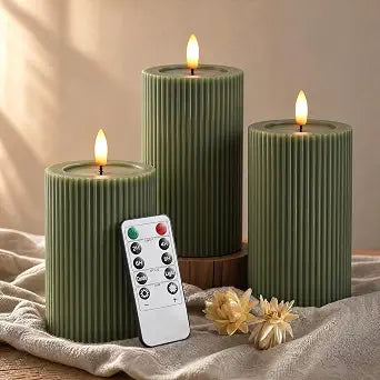 Ribbed Fluted Real Wax Flameless LED Pillar Candles, Loden Sage Olive Green, Melted-Wax Top Look, Flickering Flame, Battery Operated, Remote & Timer, Shelf & Wedding Decor (Set of 3)