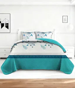 Teal Feather Print King Size Bedspread Set with 2 Pillowcases