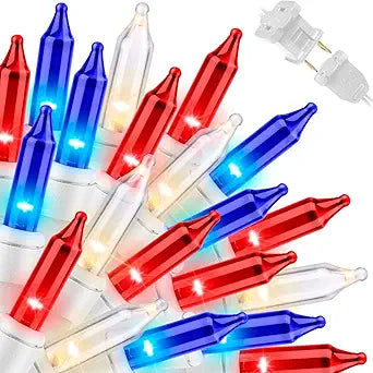 LAMPHOME Red White Blue String Lights, 300 White Wire Fairy Lights, 4th of July Patriotic Lights, Memorial Day Outdoor Fairy Lights for Independence Day Patriotic Decor