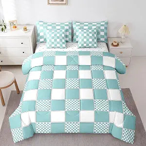 Erosebridal Geometric Plaid Full Bedding Set 7 Piece Teal White Buffalo Checkered Bed in A Bag with Sheets Cute Checkerboard Comforter Set for Kids Adults,Fashion Gingham Grid Bed Sets