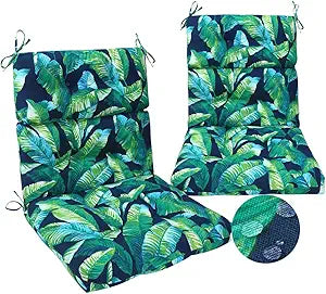 Magpie Fabrics Patio Tufted High Back Chair Cushion 2 Count, Waterproof Fade Resistant Indoor Outdoor Deep Seating Rocking Chair Swing Seat/Back Cushions - Green Lagoon Leaves