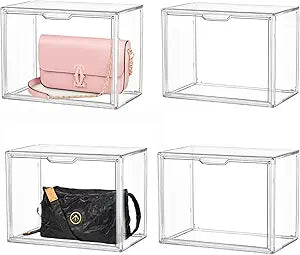 Clear Stackable Plastic Storage Bins with Magnetic Attraction Lid, Acrylic Box Display Case Showcase for Cosmetic, Large Figures Collectibles (4 Pack, X-Large)