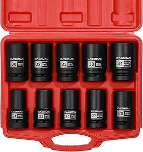 CASOMAN 10PCS 1-Inch Drive Deep Impact Socket Set, Metric, CR-MO, 21,22,24,27,29,30,32,33,38,41mm, Deep Spindle Axle Nut Impact Socket Set