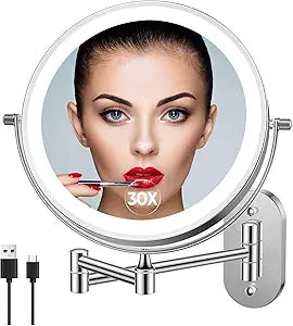FUNTOUCH 5000mAh Rechargeable Wall Mounted Lighted Makeup Vanity Mirrors, Double Sided 1X 30X Magnifying, 3 Color Lighting, Touch Screen Dimming, Extended Arm 360 Rotation Shaving Bathroom Mirror